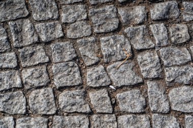 Arka planda eski kaldırım taşları, arka planda düşük güneş ışığı, Paving taş deseni, yeşil çimenli taş kaldırım. Doku veya arkaplan