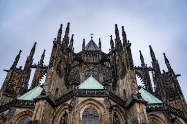 back view of the main entrance to the St. Vitus cathedral in Prague Castle in Prague, Czech Republic