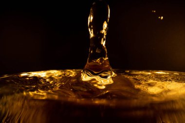 Su sıçraması, altın su sıçraması, siyah arka planda izole edilmiş su, su