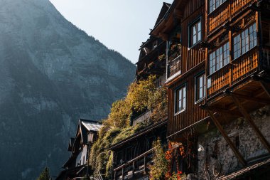 HALLSTATT 'ta geleneksel eski evler. Hallstatt 'ün güzel sonbahar manzarası. Hallstatt Avusturya 'da küçük bir kasabadır..