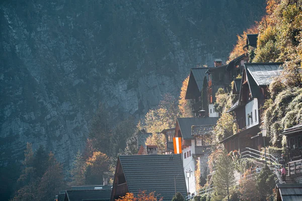 Hagyományos Régi Házak Hallstatt Ban Gyönyörű Őszi Kilátás Hallstattra Hallstatt — Stock Fotó