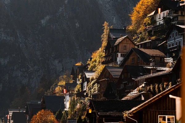 Traditionella Gamla Hus Hallstatt Vacker Höstutsikt Över Hallstatt Hallstatt Liten — Stockfoto