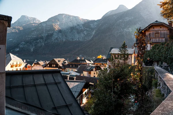 Hagyományos Régi Házak Hallstatt Ban Gyönyörű Őszi Kilátás Hallstattra Hallstatt — Stock Fotó