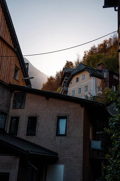 Hagyományos Régi Házak Hallstatt Ban Gyönyörű Őszi Kilátás Hallstattra Hallstatt — Stock Fotó