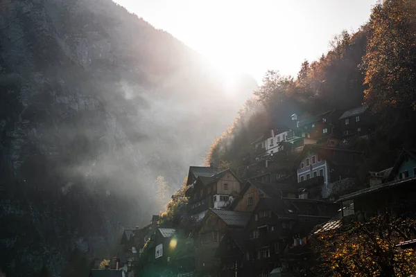 Hallstatt Autriche Pendant Coucher Soleil Automne Maisons Hallstatt Paysage Coucher — Photo