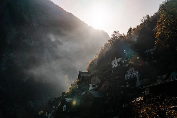 Hallstatt Autriche Pendant Coucher Soleil Automne Maisons Hallstatt Paysage Coucher — Photo