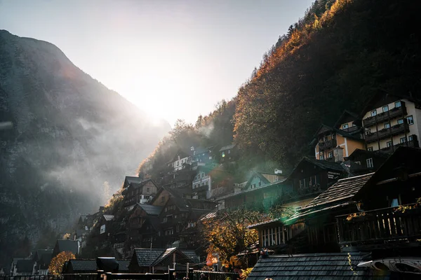 Hallstatt Austria Autumn Sunset Houses Hallstatt Sunset Landscape — Stock Photo, Image