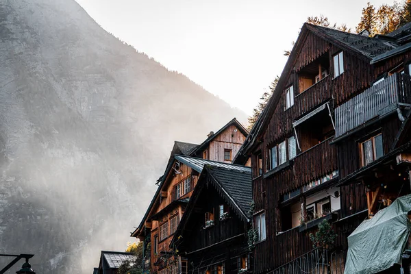 Hallstatt Ausztria Őszi Naplementekor Hallstatt Ház Naplementekor — Stock Fotó