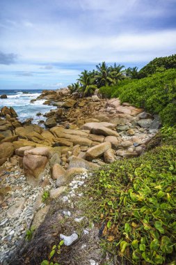 Kaba ve vahşi kayalık sahil şeridi anse songe, la digue, Seyşel
