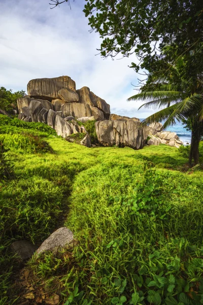 Mighty red granite rocks in lush green grass at anse songe, la d — Stock Photo, Image