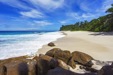 Mahe 'deki Cennet Sahili Anse Bazarkası. Beyaz kum, turkuaz su, palmiye ağaçları, granit kayalar, seyşeller.