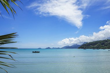 palm arkasındaki turkuaz su tekne ile güzel lagün anse mouche a la bir mahe, Seyşel Adaları bırakır