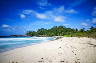 güzel cennet tropikal plaj, avuç içi, kayalar, beyaz kum, turkuaz su, Seyşel Adaları
