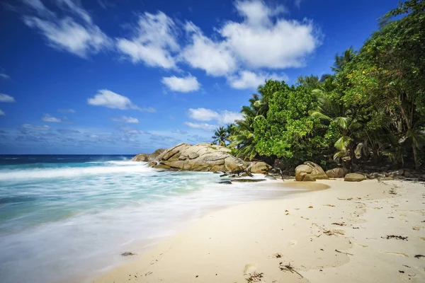 Hermosa playa tropical paraíso, palmeras, rocas, arena blanca, turquesa — Foto de Stock