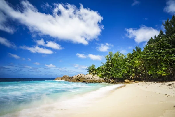 Beautiful paradise tropical beach,palms,rocks,white sand,turquoi — Stock Photo, Image