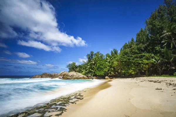 Prachtige paradijs tropisch strand met palmbomen, rotsen, wit zand, turquoi — Stockfoto