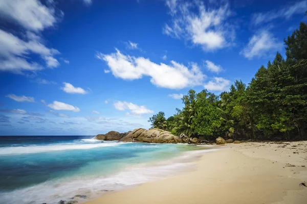 Hermosa playa tropical paraíso, palmeras, rocas, arena blanca, turquesa — Foto de Stock