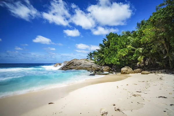 Hermosa playa tropical paraíso, palmeras, rocas, arena blanca, turquesa — Foto de Stock