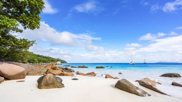 Παραλία Paradise. Λευκή άμμο, τιρκουάζ νερά, φοίνικες στο τροπικό — Φωτογραφία Αρχείου