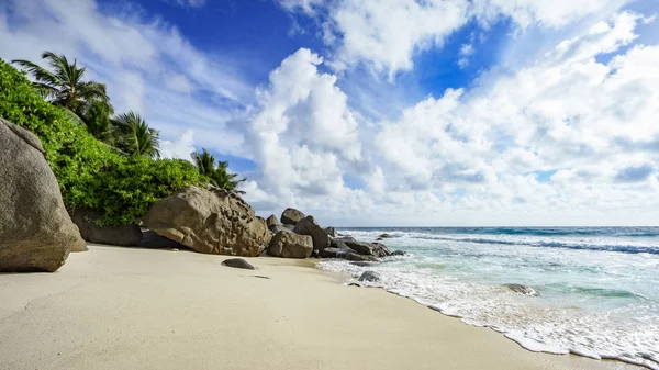 Playa tropical salvaje con rocas, arena blanca, palmeras y turquesa wa — Foto de Stock