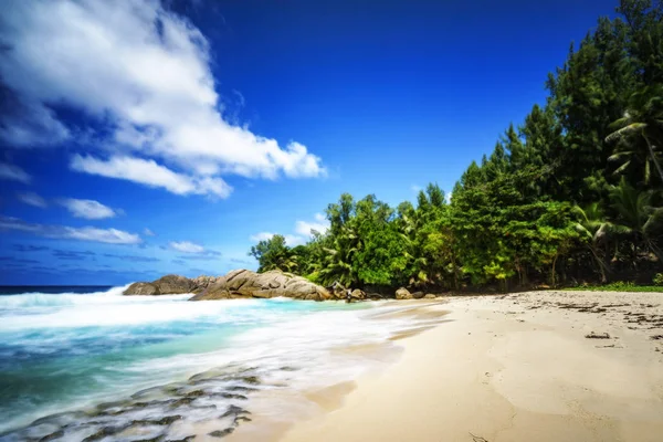 Bella spiaggia tropicale con palme, rocce granitiche e turchesi — Foto Stock