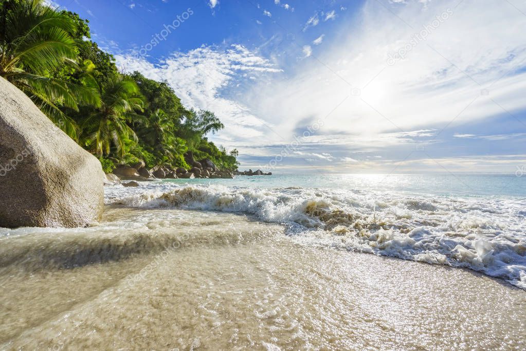 Paradise tropical beach with rocks,palm trees and turquoise wate