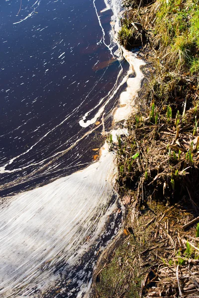 汚い汚染された湖の水に浮かぶ白い泡 — ストック写真