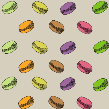 Açık kahverengi zemin üzerinde renkli badem kurabiyeleri, elle çizilmiş, tasarım için vektör arkaplan.