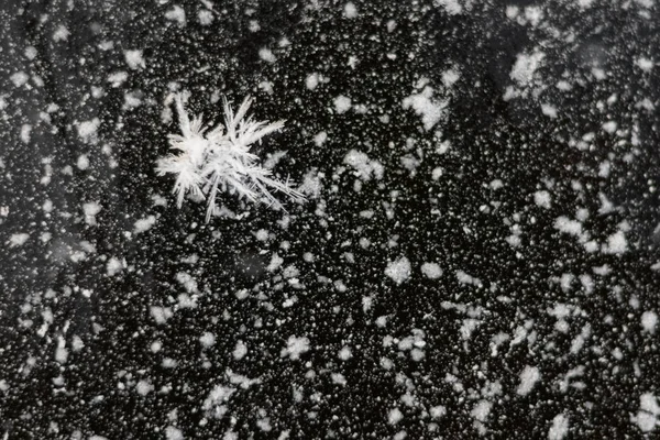 Reële snowflake op een gestructureerde achtergrond van vorst en ijs kristal — Stockfoto