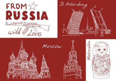 Vektör skecth Russia With Love ayarlayın. Moskova, Aziz Basil Katedrali, işçinin kule, Saint Petersburg, drawbridges, Matryoshka (Russian doll), Kalaşnikof makineli tüfek (saldırı tüfeği, Ak-47)