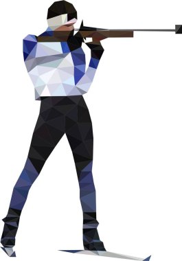 Üniformalı bir tüfek bir hedefe yönelik olmayan beyaz-mavi-siyah işaretsiz soyut biatloncu (biathlonist). Herhangi bir etiket veya ticari, izole, vektör olmadan Poli stil, arka plan, olmadan düşük.