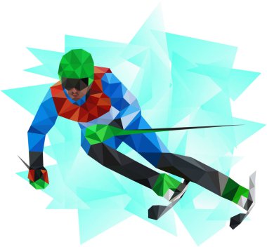 Slalom kayakçı üniformalı bir non-peyda kırmızı-yeşil-mavi işaretsiz hareket soyut, herhangi bir etiket veya ticari, buz gibi arka plan ile vektör olmadan Poli stil, düşük.