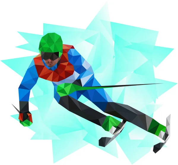 動きの非存在赤 青マークされていない制服姿でスラローム スキーヤーを抽象化 ラベルまたは商標 氷の背景ベクトルなしポリ スタイルを低 — ストックベクタ