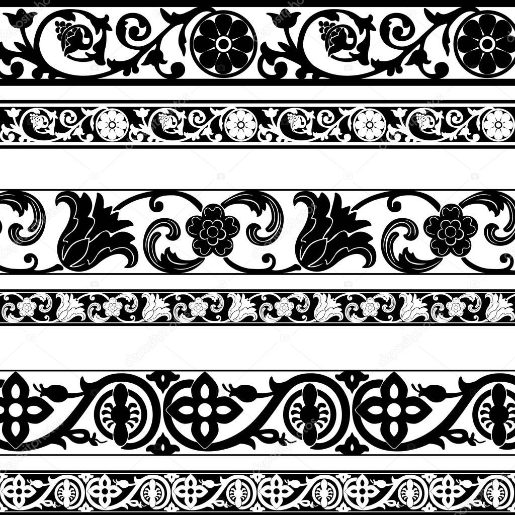 Vintage floral seamless borders set. High quality vector. One or two tone available. All colors are editable.