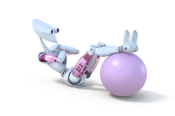 Robot femelle faisant des redressements assis avec ballon d'exercice — Photo