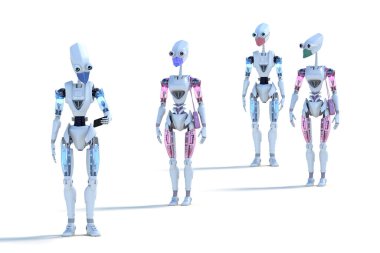 Ev yapımı maskeler takan ve beyaz arka planda sosyal uzaklık çalışması yapan birkaç robotun 3 boyutlu görüntüsü.