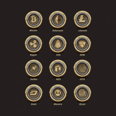 Gümüş yüzükle bestelenmiş 12 Altın kripto para sikke. Bitcoin, ethereum, litecoin, ripple, Eos, Nem, yıldız, Neo, Iota, dash, monero, Qtum.