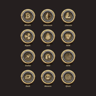12 Golden cryptocurrency coins composed  with silver ring. Bitcoin, ethereum, litecoin, ripple, EOS, NEM, stellar, NEO, IOTA, dash, monero, Qtum. vector
