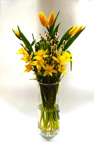 Ramo de Pascua, flores de primavera tulipanes, narcisos y capullos de sauce — Foto de Stock