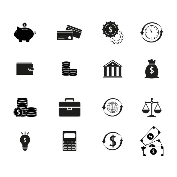 Establecer finanzas dinero iconos negros — Vector de stock