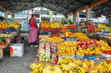 Ekvador kadın meyve satıcı onun görüntüler bir pazarda tropikal meyvelerin önünde