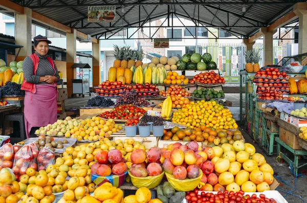 Εκουαδόρ γυναίκα πωλητή φρούτων μπροστά της εμφανίζει από τροπικά φρούτα σε μια αγορά — Φωτογραφία Αρχείου
