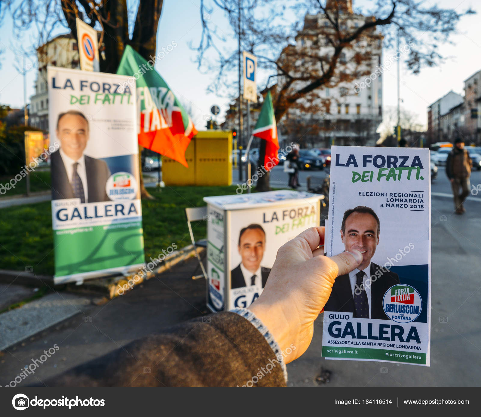 Campaigning On Street Of Milan Italy For Giulio Gallera Of Berlusconi S Forza Italia Party Ahead Of 18 Italian General Election Is Due To Be Held On March 4th 18 Stock Editorial