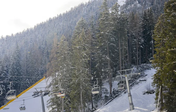 Chairlift at Italian ski area on snow covered Alps and pine trees — Stock Photo, Image