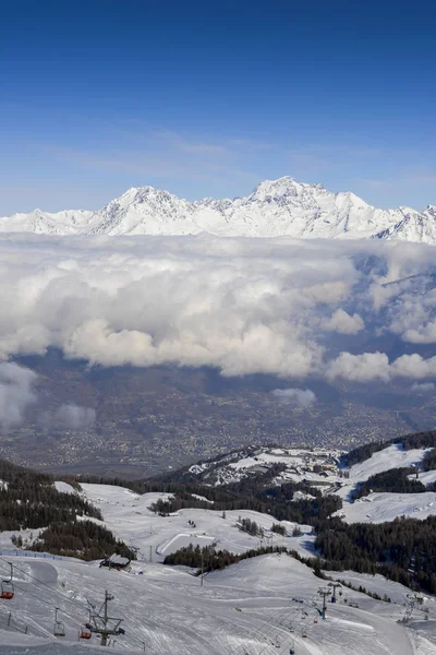 Aerial view of northern Italian city of Aosta and surrounding Valle d'Aosta from Pila ski resort — Stock Photo, Image
