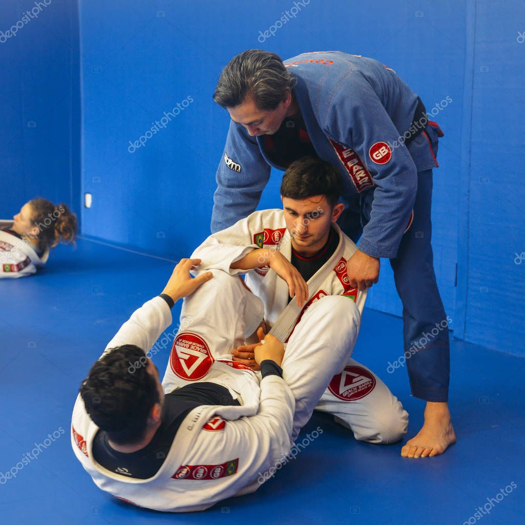 London, UK - March 10, 2018: Brazilian Jiu Jitsu mixed martial arts grappling training at Fulham Gracie Barra academy in London, UK