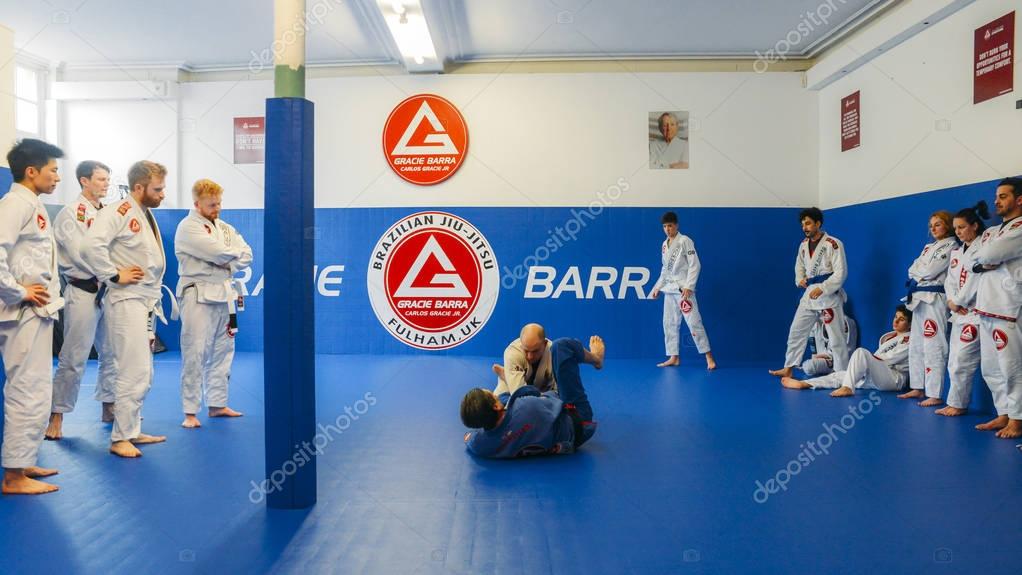 London, UK - March 10, 2018: Brazilian Jiu Jitsu mixed martial arts grappling training at Fulham Gracie Barra academy in London, UK