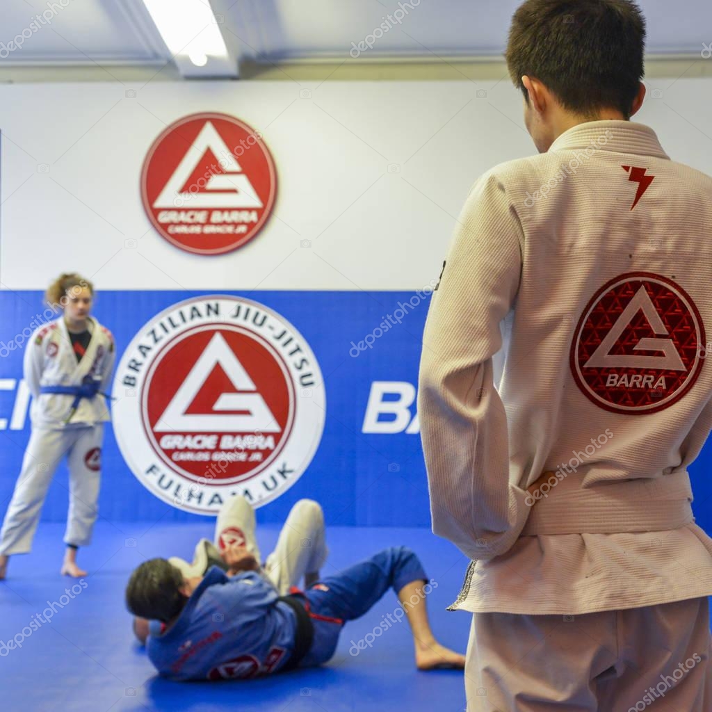London, UK - March 10, 2018: Brazilian Jiu Jitsu mixed martial arts grappling training at Fulham Gracie Barra academy in London, UK