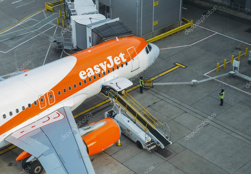 London Gatwick, March 15th, 2018: Airbus A320 easyJet airplane on tarmac at London Gatwick's North Terminal