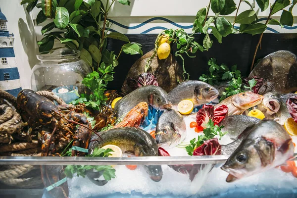 Półmisek owoców morza z różnych rodzajów ryb na ekranie na lodzie w restauracji — Zdjęcie stockowe